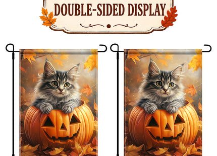 BlissYard Halloween Garden Flag 12x18Inch Maine Coon Cat Pumpkin Fall Decor