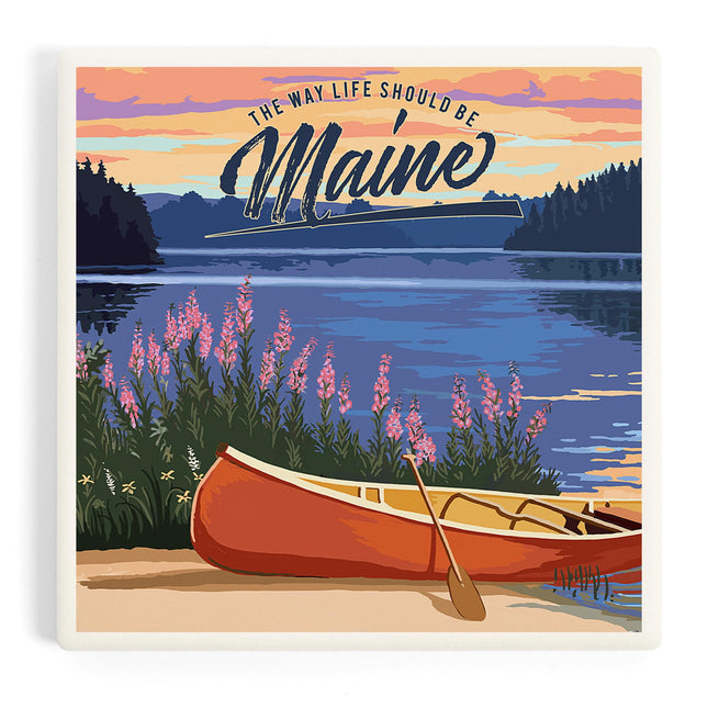 Lantern Press Maine, The Way Life Should Be, Canoe and Lake (Absorbent Ceramic Coaster, Single, Cork Back, Kitchen Table Decor)