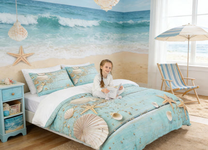 Homewish Seashell Starfish Duvet Cover Set Twin Size,Wood Stripes Bedding Set 2pcs for Kids Teens Girls Boys Room Decor, Beach Hawaiian Style Comforter Cover Summer Teal Quilt Cover with 1 Pillowcase