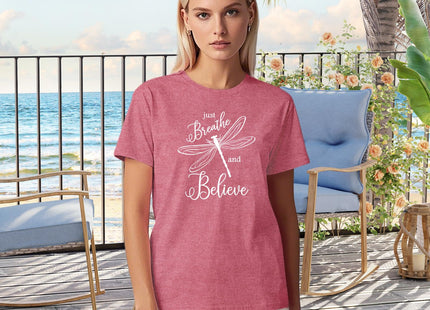 COMIZI Dragonfly Shirts for Women Just Breathe Tshirt Dragonfly Lover Entomology Tee Tops Pink