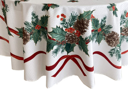 Lintex Evergreen Garland Double Ribbon Bordered Christmas Fabric Tablecloth, 70 Inch Round, Holly and Pine Cone Holiday Print, Easy Care Country Cottage Christmas Table Cover