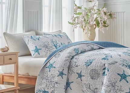 3 Piece Coastal Quilt Sets King Size - Reversible Microfiber Ocean Style Quilts with 2 Shams Soft Lightweight Beach Bedding Nautical Bedspread Coverlet Summer Comforter for All Season