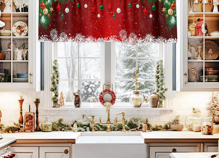 BestLives Christmas Curtain Valance Xmas Baubles Coniferous Rod Pocket Valance Window Treatments 1 Panel Pine Tree Twig Red Short Curtains for Kitchen Windows Bathroom Bedroom 54 x 18 inch