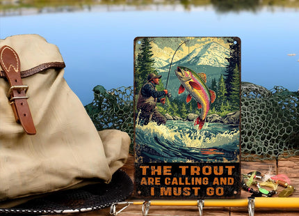 ARTWALLURE Rustic Metal Poster Tin Sign The Trout Are Calling And I Must Go Wall Art for Home Garage Cabin Fishing Camp Humorous Angler Gift Decor 8x12inch