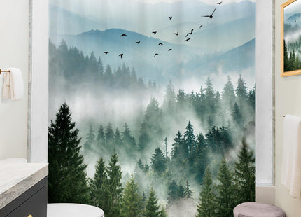 Green Rustic Mountain Scenery Pine Tree Bathroom Shower Curtain Set