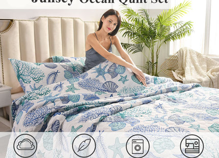 Junsey 3 Piece Quilts Twin Size Ocean Theme,Lightweight Coastal Beach Theme Bedding Seashell Conch Starfish Bedspread Ocean Creature Coverlet with 2 Pillowshams