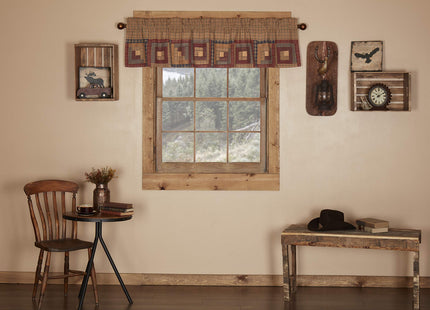 VHC Brands Millsboro Window Curtain, Valance Log Cabin Block Border, Tan, 16x72