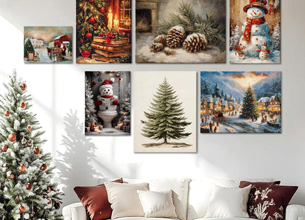 Vintage Christmas Tree Canvas Wall Art,Botanical Pine Tree Print Poster