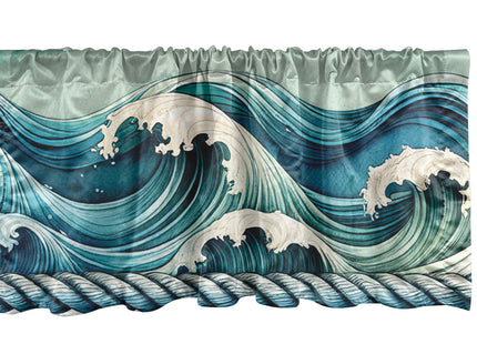 Ambesonne Nautical Window Valance Pack of 2, Cyan Art of Japenese Waves and Ropes with Oceanic Tones Aquamarine, Rod Pocket Curtain Valances Kitchen Bedroom, 54" X 12",Seafoam Beige Soft Blue