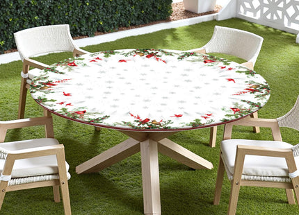 Winter Round Fitted Tablecloth with Elastic Edge,Water-Resistant Reusable Christmas Cardinal Bird Snowflake Red Table Cover for 44-48" Stretch Table Cloth for Dinner Indoor Outdoor Party Patio