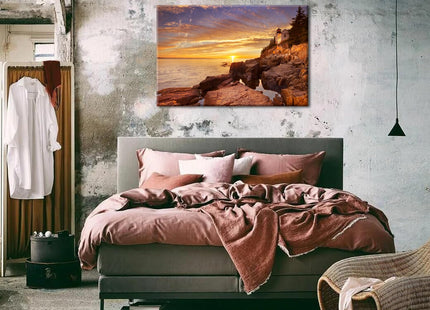 National Park Seascape Wall Art Bass Harbor Lighthouse Pictures Wall Decor Sunset Ocean Scenery Canvas Prints Pictures Coastal Painting Artwork for Living Room Bedroom Office Home Decoration 24x36"