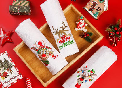 Quera 3 Pack Christmas Hand Towels, Winter Cartoon Reindeer Christmas Embroidery Rustic Cabin Decor Bathroom Decorative Holiday Towels Gift Set 13.7'' x 29.5''