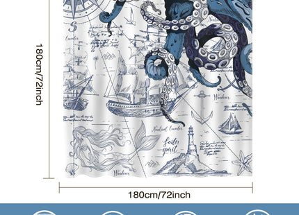 Mocsicka Nautical Octopus Shower Curtain Nautical Sailboat Octopus Bathroom Shower Curtain Nautical Coastal Waterproof Fabric Shower Curtain Bathtub Decor with 12 Hooks 72 X 72 Inch
