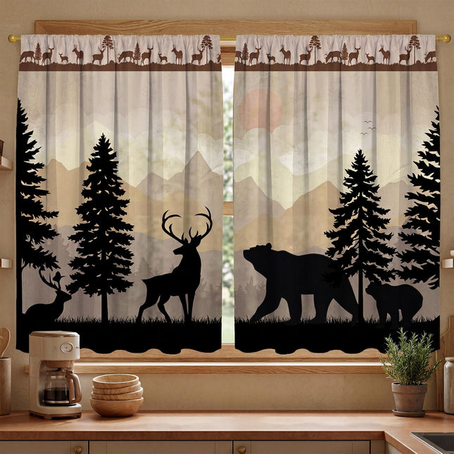 Farmhouse Forest Cabin Kitchen Curtains 2 Panels 27"W x 24"L, Rustic Farmhouse Tier Curtains Light Filtering Rod Pocket Window Drapes for Kitchen Living Room Country Deer Bear Bathroom Cafe Decor