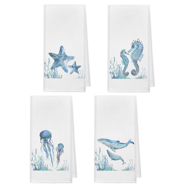 kunlisa Coastal Kitchen Hand Towels, Nautical Whale Seahors Decor,Jellyfish Starfish Kitchen Towels 16×24 Inch Set of 4,Nautical Dish Towel Tea Towel for Bathroom Decor