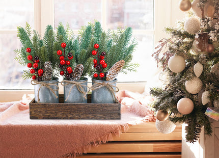 Winlyn Christmas Farmhouse Centerpiece Rustic Wood Tray 3 Galvanized Pots with Artificial Pine Cedar Red Berry Snowy Pinecone Christmas Arrangement Table Decoration for Holiday Home Kitchen Mantel