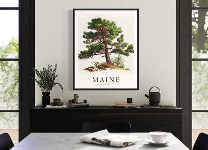 Maine State Tree Art Print, Maine Poster Wall art Decor, Maine State Map Travel Poster, Home Office Wall Decoration, Bedroom, Living Room Artwork. (Maine E, 16x20 inches + (Black Frame))