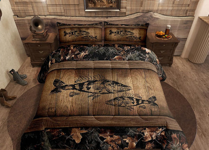Erosebridal Camo Bass Fish Bedding Comforter Sets Fishing Bass Big Fish Bedding Set Queen Rustic Farmhouse Lake House Comforter Set for Boys Men Fisherman,Retro Tree Camouflage Cabin Quilt Set