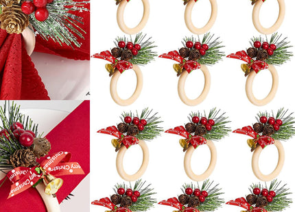 SIYOMG Christmas Napkin Rings Set of 12, Pinecone Buckles with Red Berry, Xmas Napkin Ring Holders for Cloth Napkins, Christmas, Thanksgiving, and Wedding Table Decor
