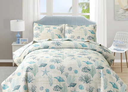 Junsey 3Pcs Ocean Theme Quilts Set Full/Queen Size Lightweight Coastal Bedding Beach Theme Bedspread Coverlet All Season Nautical Bed Sheet with 2 Pillowshams(Light Blue, Full/Queen)