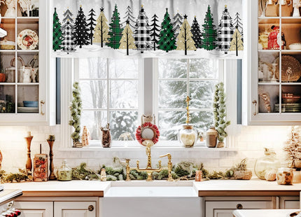 T&H XHome Christmas Valances for Kitchen Windows, Grey Sky Buffalo Plaid Xmas Tree Forest Valance Rod Pocket Window Curtain for Bathroom Cafe Basement, Farmhouse Small Window Treatment, 54" W x 18" L