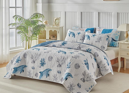 Coastal Quilt Sets King Size - Reversible Microfiber Dolphin Turtle Ocean Style Quilts with 2 Shams Soft Lightweight Beach Bedding Nautical Bedspread Coverlet Summer Comforter for All Season