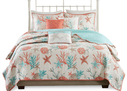 Madison Park Cotton Coastal Starfish Coral King Quilt Set, 6pc