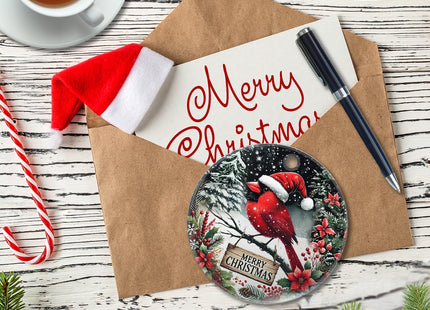 Welshower Merry Christmas Winter Cardinal Ornaments, Red Cardinal Christmas Decorations, Snowy Winter Poinsettia Bird Xmas Tree Ceramic Decorative Hanging Ornaments