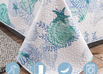 Hailea Ocean Quilt Full/Queen Size Coastal Bedding Lightweight Summer Beach Theme Bedspread Nautical Coverlet Blue Seashell Conch Bed Sheet with 2 Pillowshams (Green,Full/Queen)