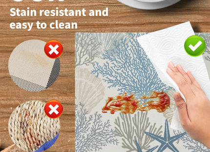 Nautical Coastal Placemats Set of 4 18x12 Inch Summer Beach Themed Linen Place Mats Heat-Resistant Washable Wipeable Seashell Starfish Coral Table Mat for Party Kitchen Dining Room Dinner Table Decor