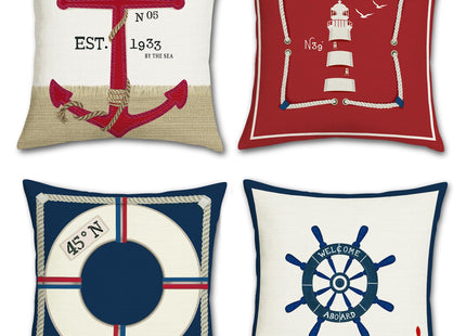 Bonhause Nautical Throw Pillow Covers 18 x 18 Inch Anchor Lighthouse Red Navy Blue Decorative Pillow Cases Outdoor Cushion Covers for Couch Sofa Bed Home Decor Set of 4