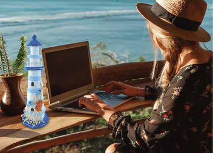COTA Global Light Blue Stripes Lighthouse Decor - Handmade and Crafted Wooden Lighthouse Decoration with Crab, Decorative Beach Style Tabletop Centerpiece – 12.25 Inches