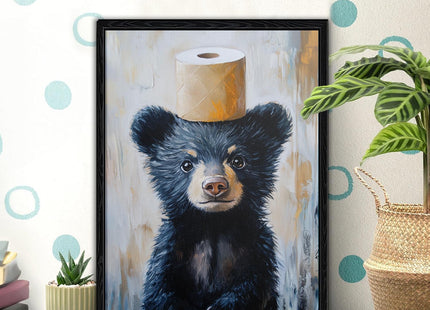 Framed Funny Black Bear Bathroom Canvas Wall Art Rustic Decor 12x16 Inches