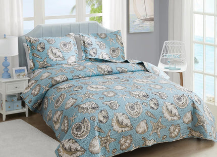 Junsey 3Pcs Coastal Quilt Set Twin Size Seashell Bedspread,Seahorse Seaweed Sea Fish Coverlet Set Lightweight Ocean Beach Quilts Reversible Bedding Cover Pillow Shams