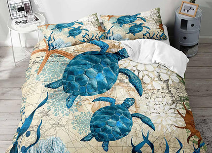 LUVIVIHOME 3PCS Blue Sea Turtle Duvet Cover Queen Bedding Sets, Coastal Bedding Teen Boys Girls Kids Bedding Beach Ocean Seaweed Coral Starfish Sea Animal Nautical Comforter Quilt Cover 2 Pillow Cases