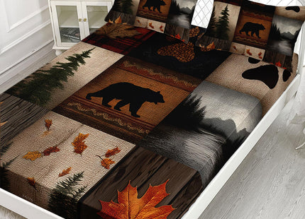AILONEN Rustic Bear Fitted Sheet Set Twin XL Size,Cabin Plaid Hunting Bear Fitted Sheet with 2 Pillowcases,3 Pieces Wildlife Woodland Themed for Room Decor