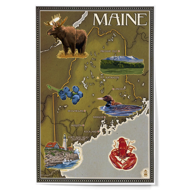 Lantern Press Maine Map and Icons, 12x18 Inch Art Print, Home Decor⁠
