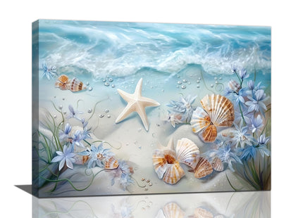 yerretin Beach Seashell Bathroom Wall Art Coastal Starfish Pictures Wall Decor Modern Home Canvas Painting Decorations Artwork for Living Room Bedroom Office Framed, 16"x12"