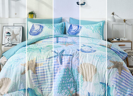 Xruibed Coastal Comforter Set Queen Size, Beach Coral Themed Bed in a Bag, 7 Pieces Ocean Nautical Seaweed & Starfish Soft Summer Comforter Bedding Sets for All Seasons(90"×90")
