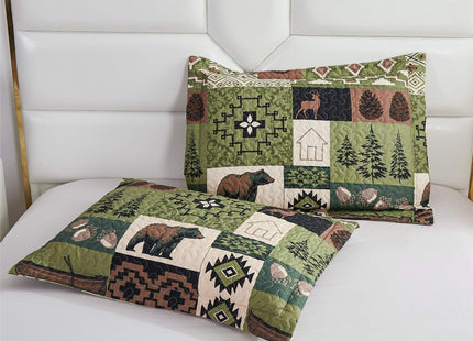 Ycosy Rustic Lodge Quilt Set Moose Elk Bedspread King Size Forest Bear Deer Quilt Matcha Green Reversible Festive Cabin Coverlets Farmhouse Decor Bed Cover Sets with 2 Pillow Shams