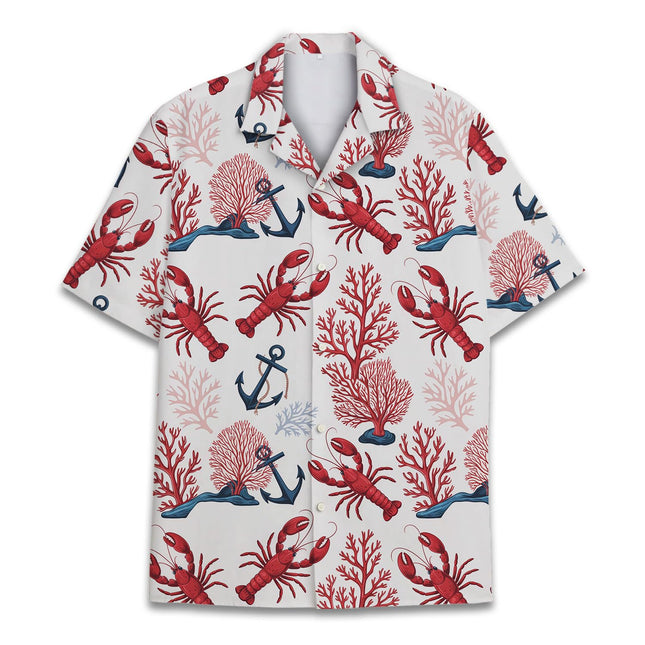 Tropical Lobster Hawaiian Shirt for Men, Anchor & Coral Shirt Summer Lobster Crawfish Short Sleeve Button Down Shirt