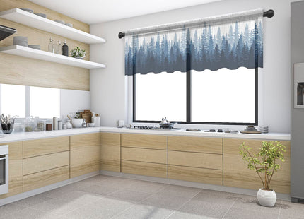 Navy Blue Forest Sheer Valance Curtains for Kitchen Living Room Decor, Nature Woodland Tree Forest Silhouette Landscape Semi Sheer Curtain Voile Valance Rod Pocket Window Short Curtain Panel 54"x18"