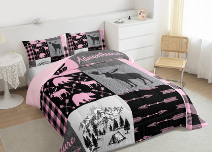 Christmas Rustic Camping Bedding Set For Boys, Hunting Elk Deer Comforter Set Full Buffalo Plaid Patchwork Duvet Insert Lodge Woodland Farmhouse Quilt For Kids Teens Adult Bedroom, Pink Black Grey