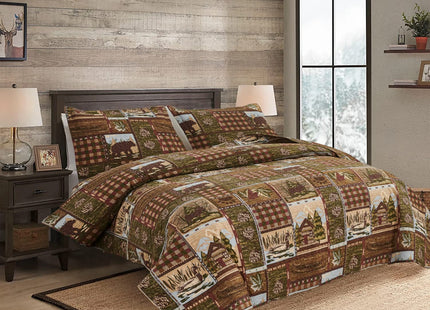Lodge Bedspread Twin Size, Rustic Cabin Quilt Sets Moose Bear Bedspread Coverlet Patchwork Plaid Bedcover Reversible Wildlife Printed Quilted Bed Set Brown Bed Cover Farmhouse Country Decor (68"x 86")