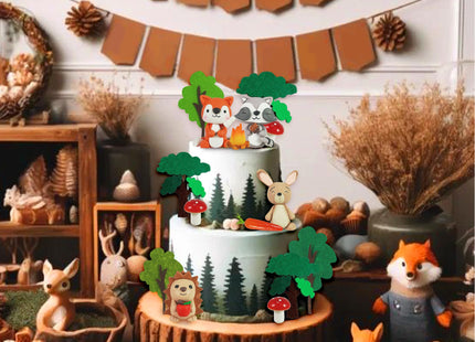 Woodland Animals Cake Topper with Fox Raccoon Hedgehog Rabbit Mushroom for Woodland Themed Birthday