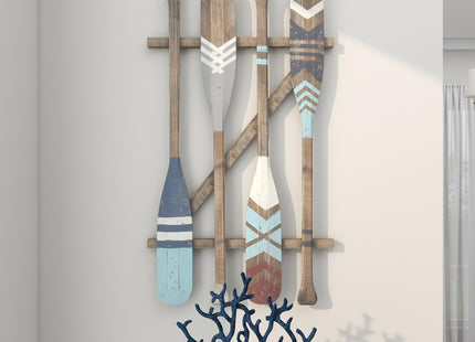 Deco 79 Wood Paddle Home Wall Decor Novelty Canoe Oar Wall Sculpture with Arrow and Stripe Patterns, Wall Art 21" x 2" x 36", Brown