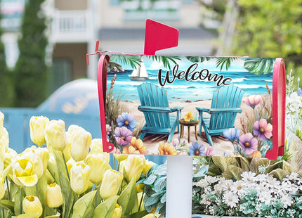 Anyako Welcome Spring Summer Sea Chair Mailbox Covers Magnetic Standard Size 18" X 21",Coastal Beach Palm Leaf Flowers Mailbox Wraps Post Letter Box Cover for Holiday Garden Yard Decor