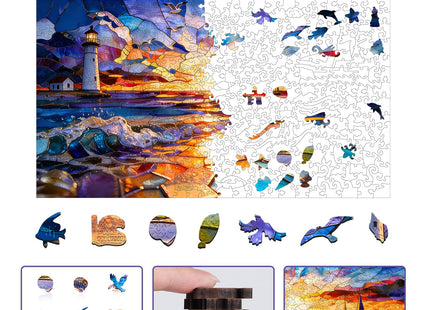 Leodozzio 1000Pcs Wooden Jigsaw Puzzle Sunset Lighthouse Decor 17x23.2in