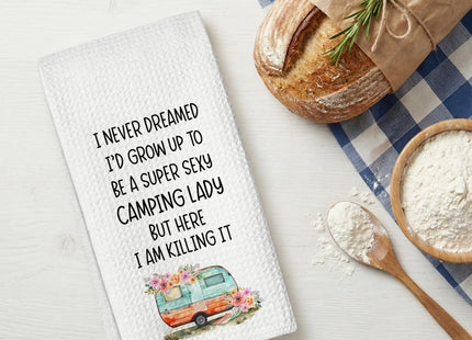 Sahjzk Camping Kitchen Towels 16x24 Waffle Weave, I Never Dreamed I’d Grow Up to Be a Super Sexy Camping Lady Dish Towels, Camp RV Gifts for Women, Gifts for Campers -A01