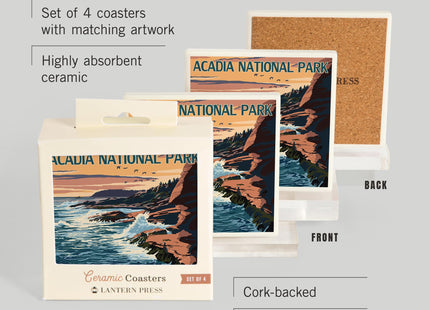 Lantern Press Acadia National Park, Maine, Mount Desert Island (Absorbent Ceramic Coasters Set of 4 Matching Images, Cork Back, Kitchen Table Decor)